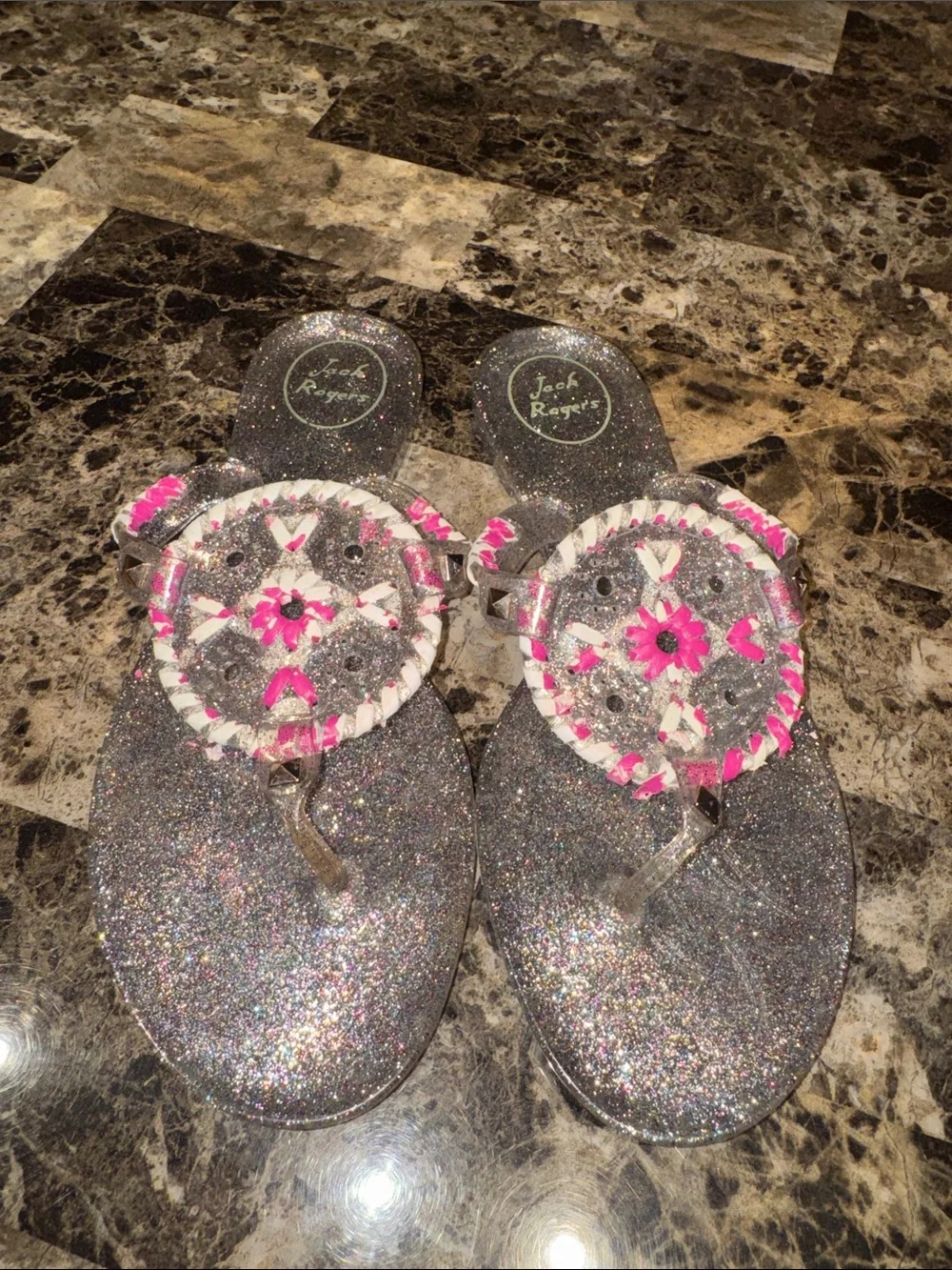 Jack Rogers Silver Colorful Glitter Girls' Sandals with pink/white accents - 4